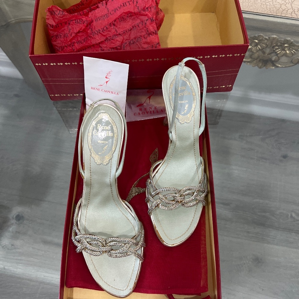Rene Caovilla Silver Crystal Embellished Slingback Heels